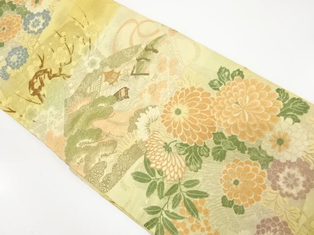 アンティーク　巻物に屋敷風景模様織り出し丸帯（材料）